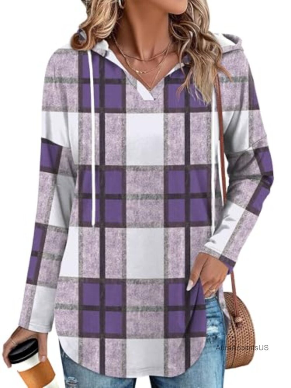 Oversized Hooded Sweatshirt Pullover V-Neck Long Sleeve Loose Fit Tunic - Picture 4 of 6